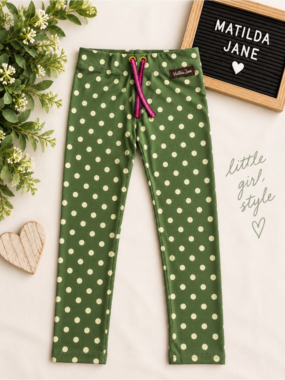 Matilda Jane Girls Size 6 Green Polka Dot Leggings Pants Drawstring